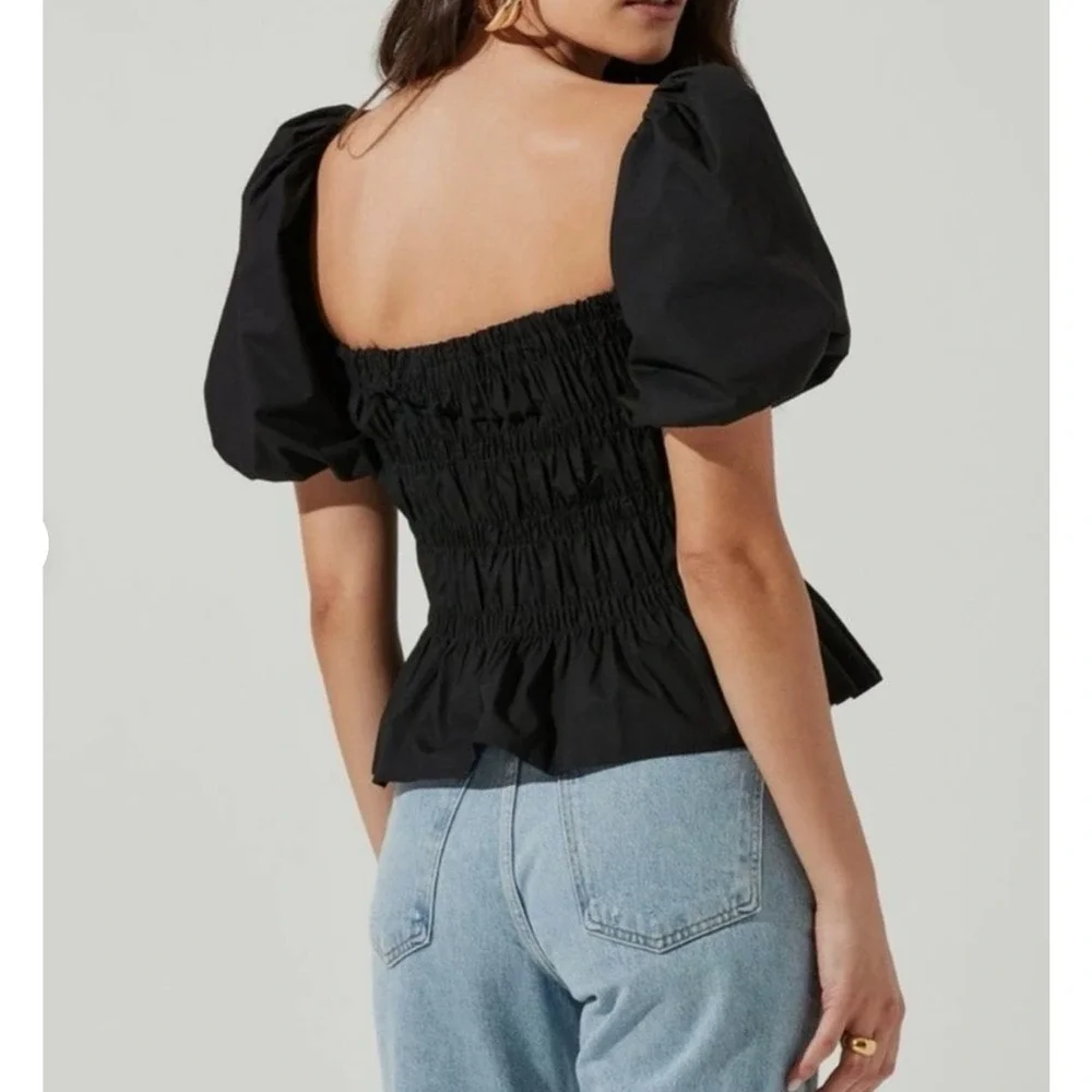 ASTR The Label Women Savina Top S Black Puff Bubble Sleeve Square Neck Whimsical